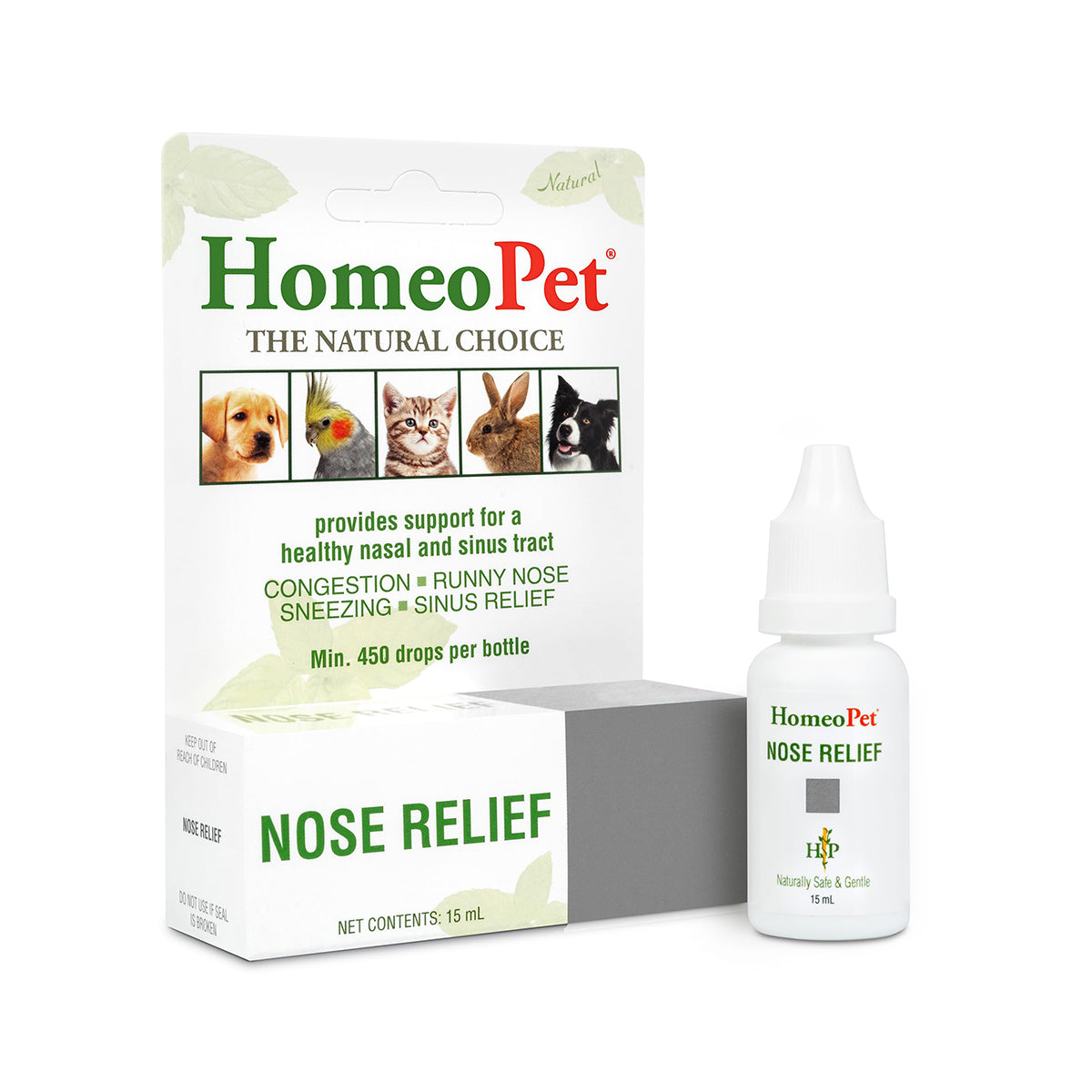 HomeoPet Nose Relief es un remedio natural para ayudar a aliviar problemas en las vías nasales y senos paranasales de perros, gatos y otros pequeños animales.