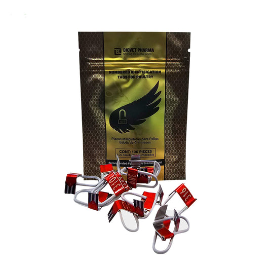 PLACAS MARCADORAS PARA POLLOS BEBÉS DE 0 A 4 MESES, Contenido: 100 piezas, Material: Aluminio, Modelo: NUMERACION, Uso: Pollos de 0 a 4 meses