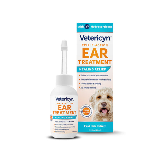 Vetericyn Triple-Action Ear Treatment con 1% de hidrocortisona ofrece un potente alivio para picazón, irritación e infecciones del oído externo en perros y gatos.