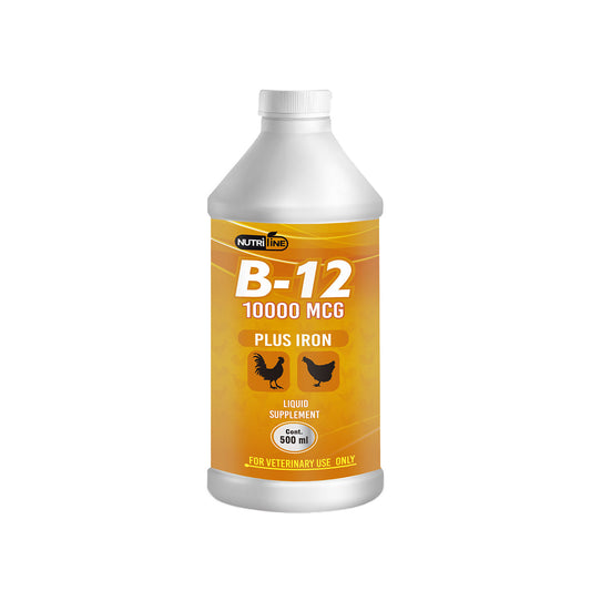 Vitamin B12 plus iron. Vitamina B12 es esencial para el sano crecimiento de las aves, ayuda desarrollo del sistema nervioso, la producción de glóbulos rojos y del tracto gastrointestinal. 